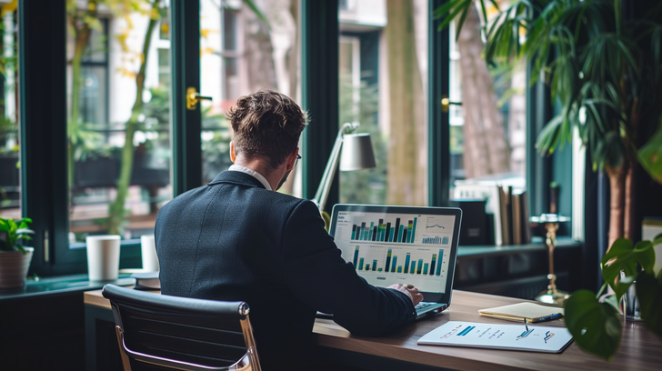 Anonieme professional bekijkt financi&euml;le grafieken op laptop voor vermogensopbouw naast mediawerk.